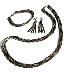 Braided Metal Chain Necklace Bracelet Dangle Earrings Set Silver Gunmetal Copper